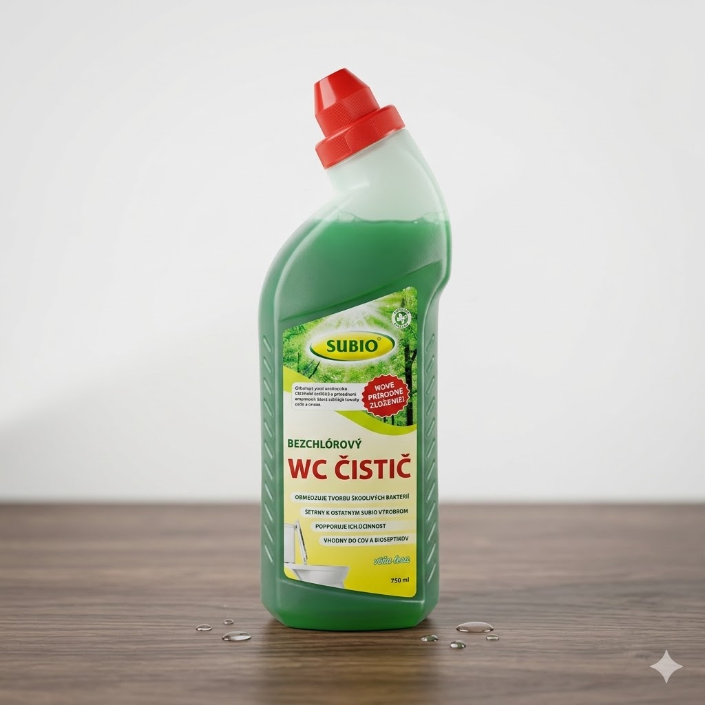 Fľaša Subio Bezchlórový WC Čistič vôňa lesa 750ml, biologický gél zobrazený na stole