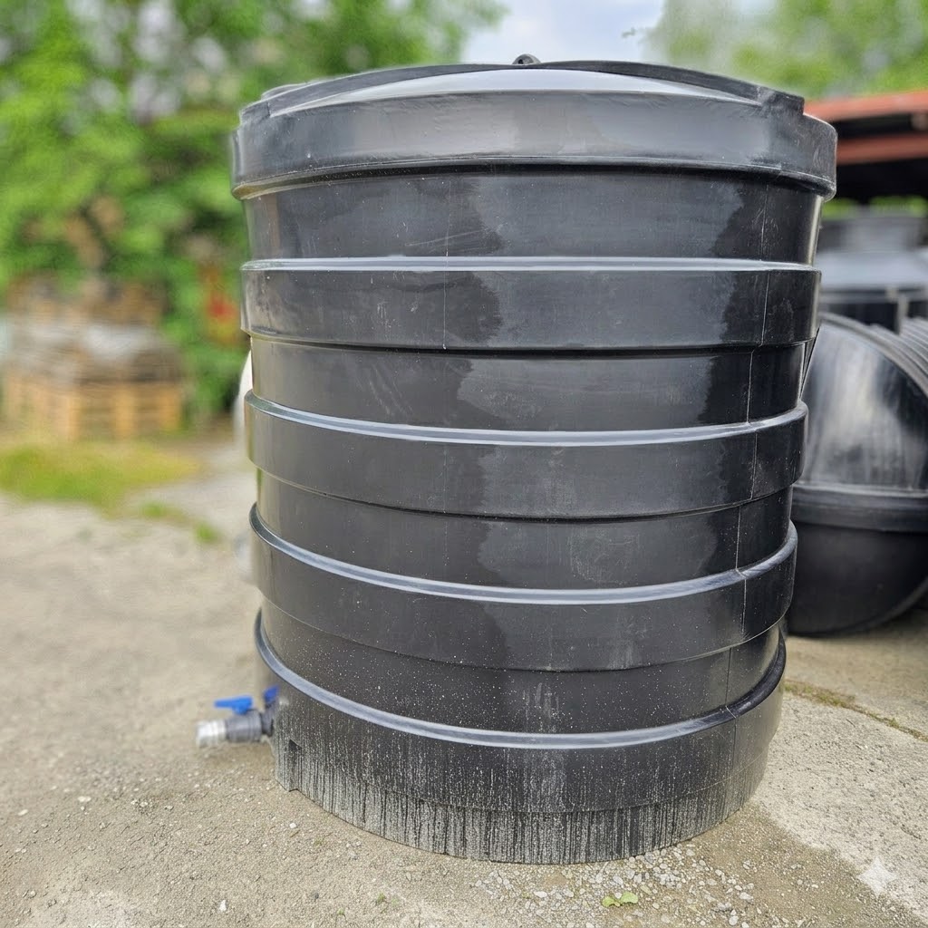 Čierna plastová retenčná nádrž na dažďovú vodu Strong 6000L so zabudovaným výpustným ventilom, stojaca na dvorovom podklade.